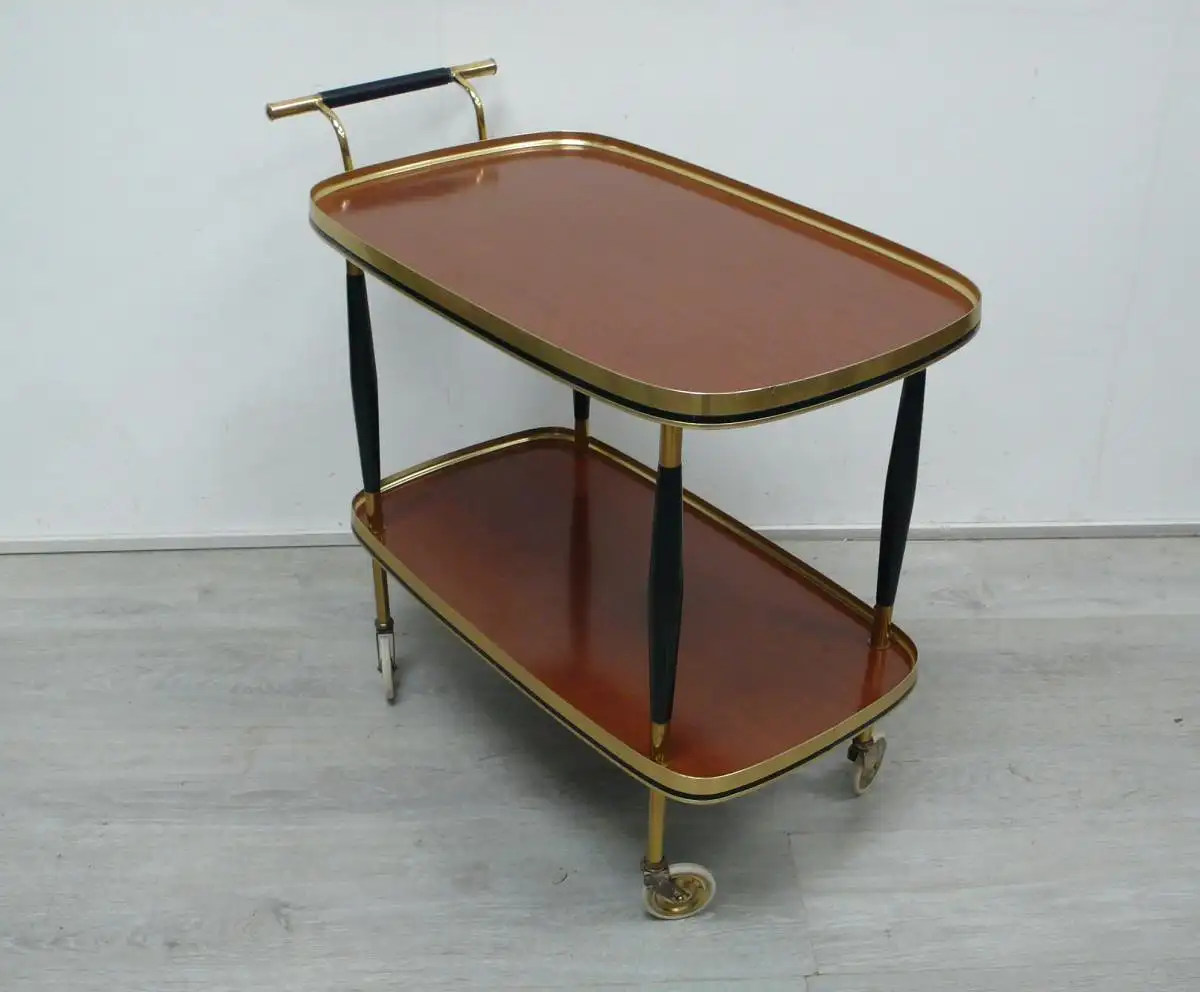 Mid Century Servierwagen, Teewagen, Nußbaum-Stil Resopal Oberflächen, Messingrahmung, 50er 60er 3