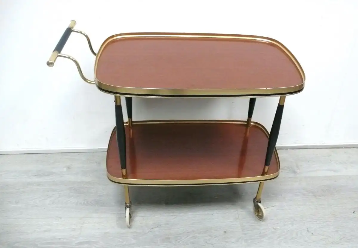 Mid Century Servierwagen, Teewagen, Nußbaum-Stil Resopal Oberflächen, Messingrahmung, 50er 60er 4