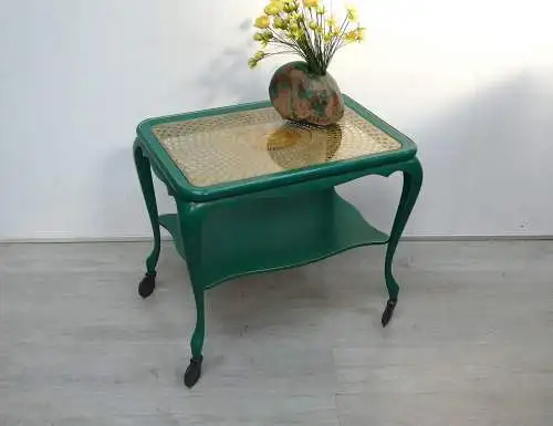 Alter Servierwagen Beistelltisch Chippendale in Malachit Grün + Gold Wiener Geflecht, ca 30er