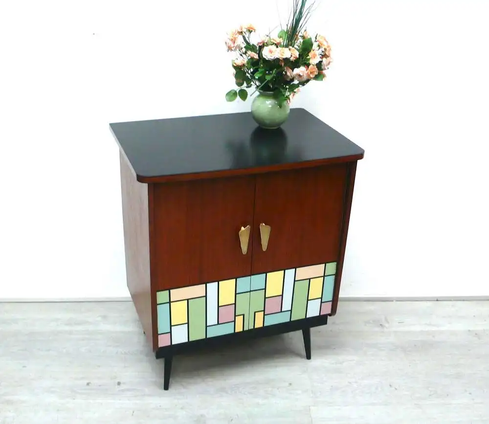 Mid Century Sideboard Beistellschrank 2 Türen  Nuß-Schwarz  mit Mondrian Muster 50er 0
