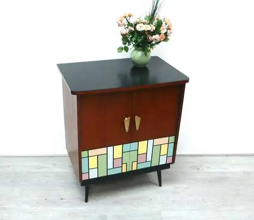 Mid Century Sideboard Beistellschrank 2 Türen  Nuß-Schwarz  mit Mondrian Muster 50er
