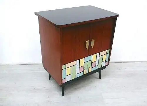 Mid Century Sideboard Beistellschrank 2 Türen  Nuß-Schwarz  mit Mondrian Muster 50er