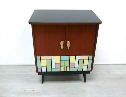 Mid Century Sideboard Beistellschrank 2 Türen  Nuß-Schwarz  mit Mondrian Muster 50er