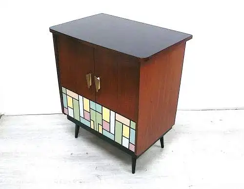 Mid Century Sideboard Beistellschrank 2 Türen  Nuß-Schwarz  mit Mondrian Muster 50er