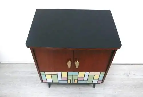 Mid Century Sideboard Beistellschrank 2 Türen  Nuß-Schwarz  mit Mondrian Muster 50er
