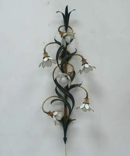 Große Wandlampe Metall grün + Tiffany-Blüten Weiß, 6flg, Kögl Stil, Hollywood Regency Stil