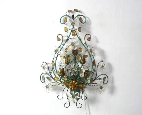 Große Wandlampe Metall grün mit Kristallen, 5flg, Kögl Stil, Hollywood Regency Stil