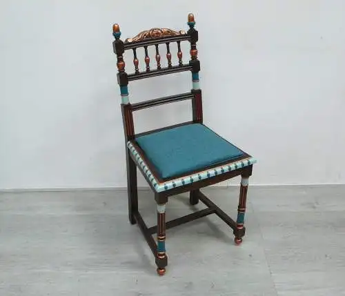Antiker Stuhl Esszimmerstuhl, Besucherstuhl, Ankleidestuhl, Gründerzeit Nuß dunkel + Mint-Kupfer, UNIKAT handbemalt