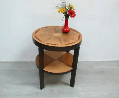 Beistelltisch rund mit Ablage Vollholz hell, mit Intarsien-Furnier Handarbeit mit div. Hölzern