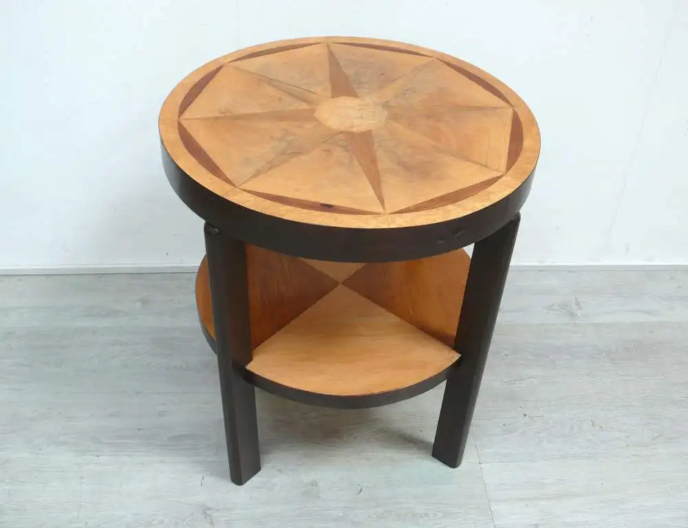 Beistelltisch rund mit Ablage Vollholz hell, mit Intarsien-Furnier Handarbeit mit div. Hölzern 1