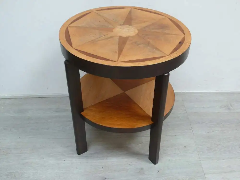 Beistelltisch rund mit Ablage Vollholz hell, mit Intarsien-Furnier Handarbeit mit div. Hölzern 2