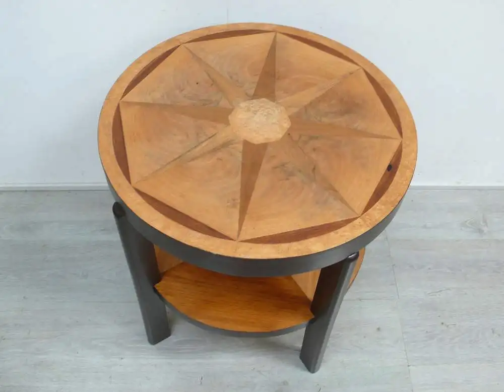 Beistelltisch rund mit Ablage Vollholz hell, mit Intarsien-Furnier Handarbeit mit div. Hölzern 3