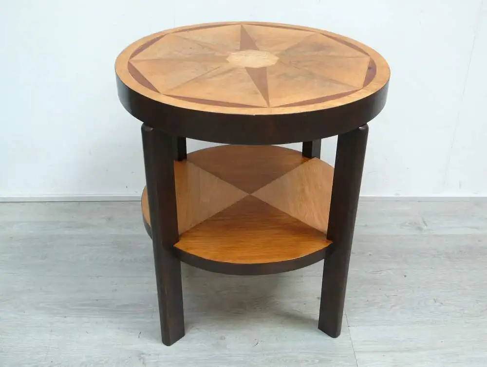 Beistelltisch rund mit Ablage Vollholz hell, mit Intarsien-Furnier Handarbeit mit div. Hölzern 4