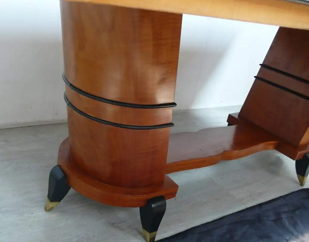 Art Déco Esstisch Konferenztisch groß, Kirschholz mit schrägen halbrunden Säulen, 1930er 5