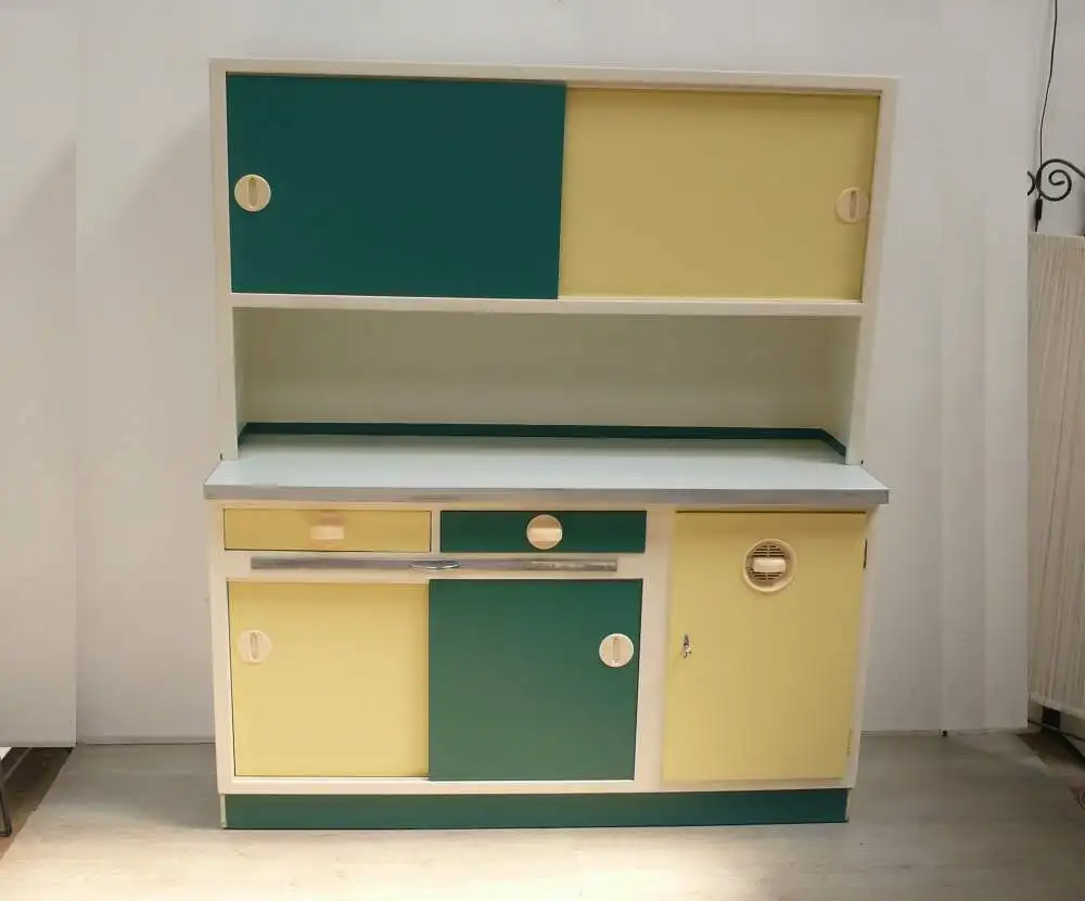 50er Küchenschrank mit Schiebetüren + Auszug, Pastell-Gelb + Petrol-Grün, wohnfertig 0