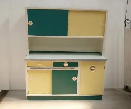 50er Küchenschrank mit Schiebetüren + Auszug, Pastell-Gelb + Petrol-Grün, wohnfertig