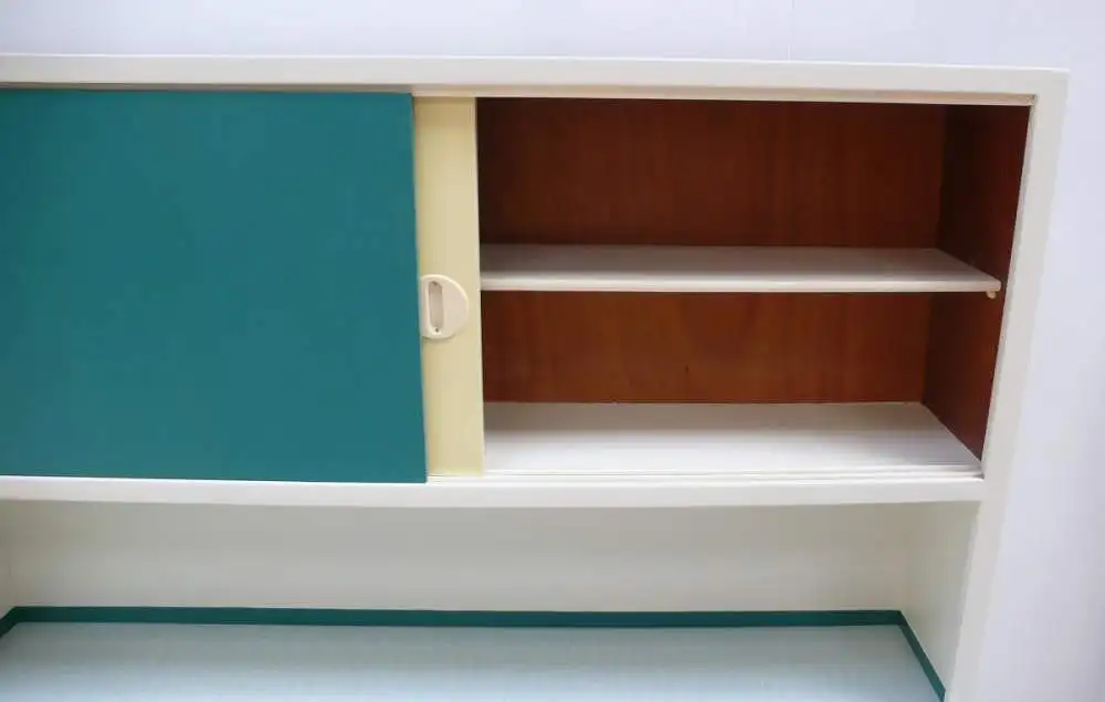 50er Küchenschrank mit Schiebetüren + Auszug, Pastell-Gelb + Petrol-Grün, wohnfertig 3