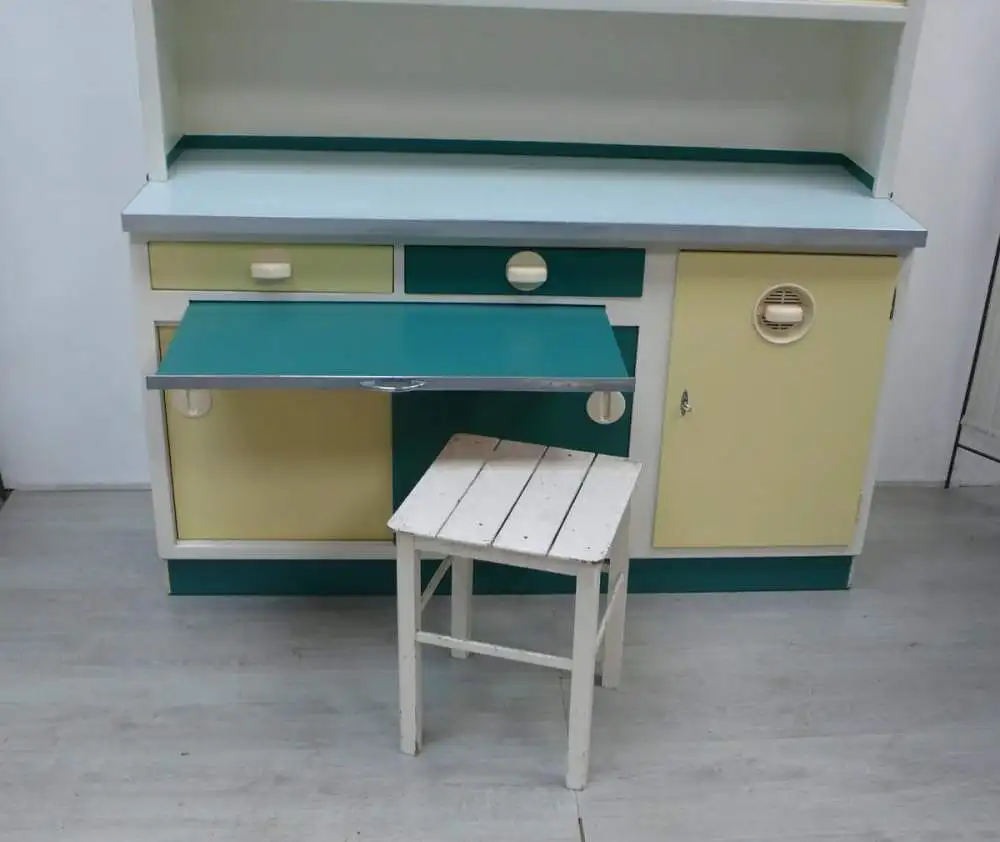 50er Küchenschrank mit Schiebetüren + Auszug, Pastell-Gelb + Petrol-Grün, wohnfertig 6