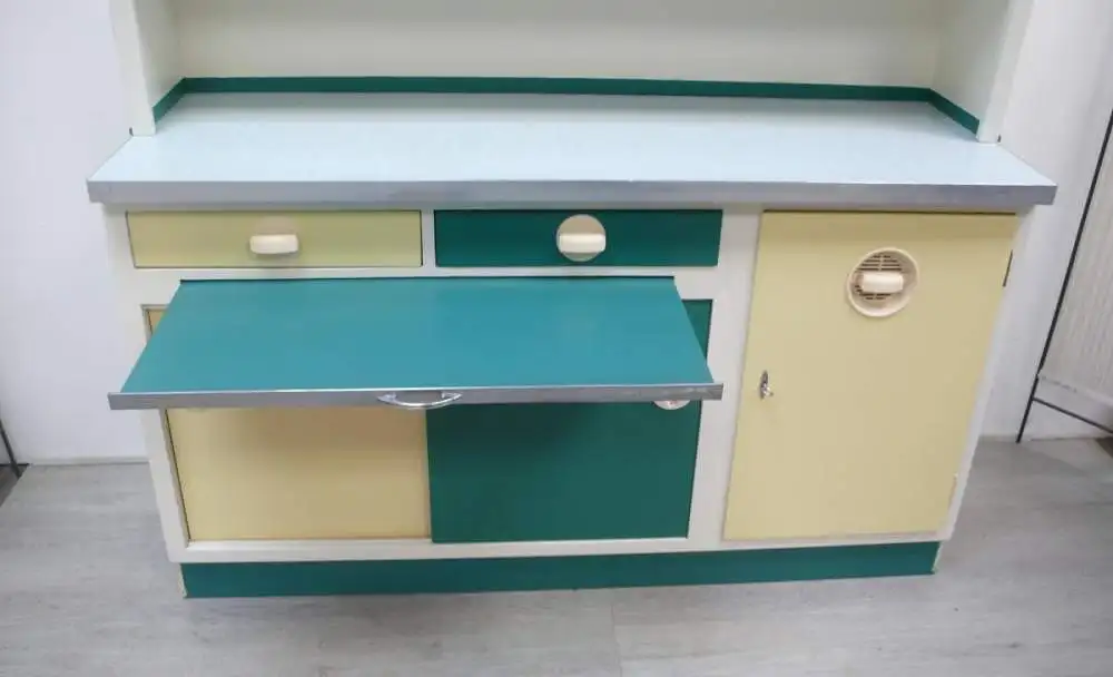 50er Küchenschrank mit Schiebetüren + Auszug, Pastell-Gelb + Petrol-Grün, wohnfertig 7