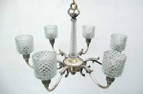 Kristall Lüster Hängelampe 6-flammig Antik Stil, versilbert, Struktur Blei-Kristallglasschirme