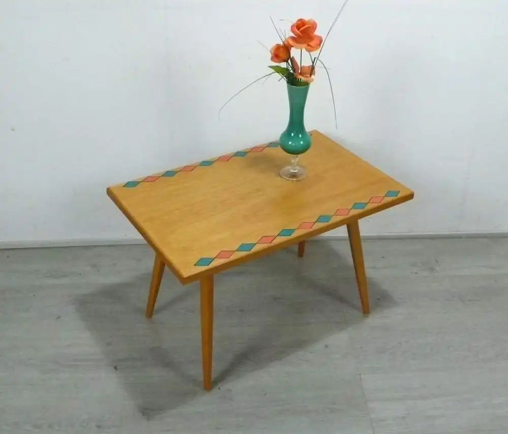 60er Beistelltisch rechteckig Esche Vollholz mit Muster, schräge Beine, Mid Century Rockabilly Ära 0