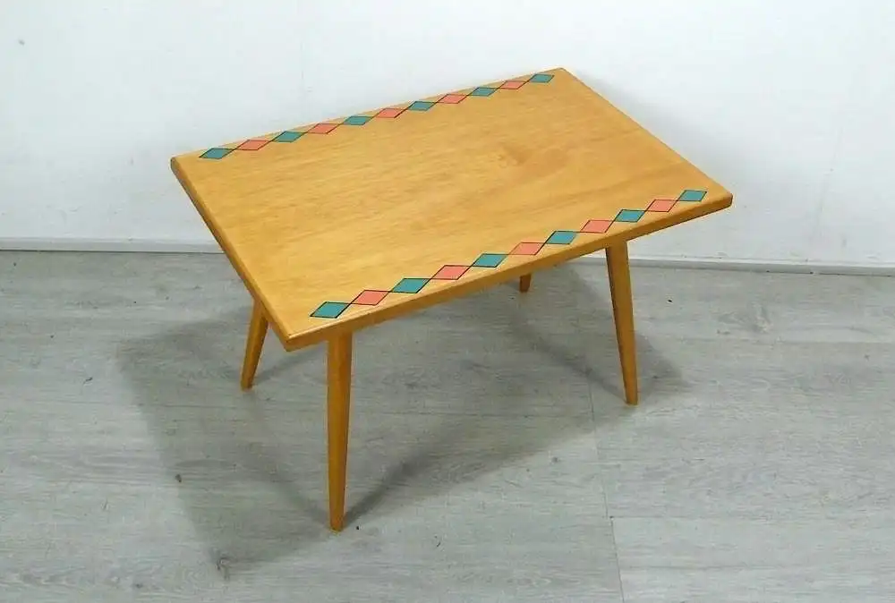 60er Beistelltisch rechteckig Esche Vollholz mit Muster, schräge Beine, Mid Century Rockabilly Ära 1
