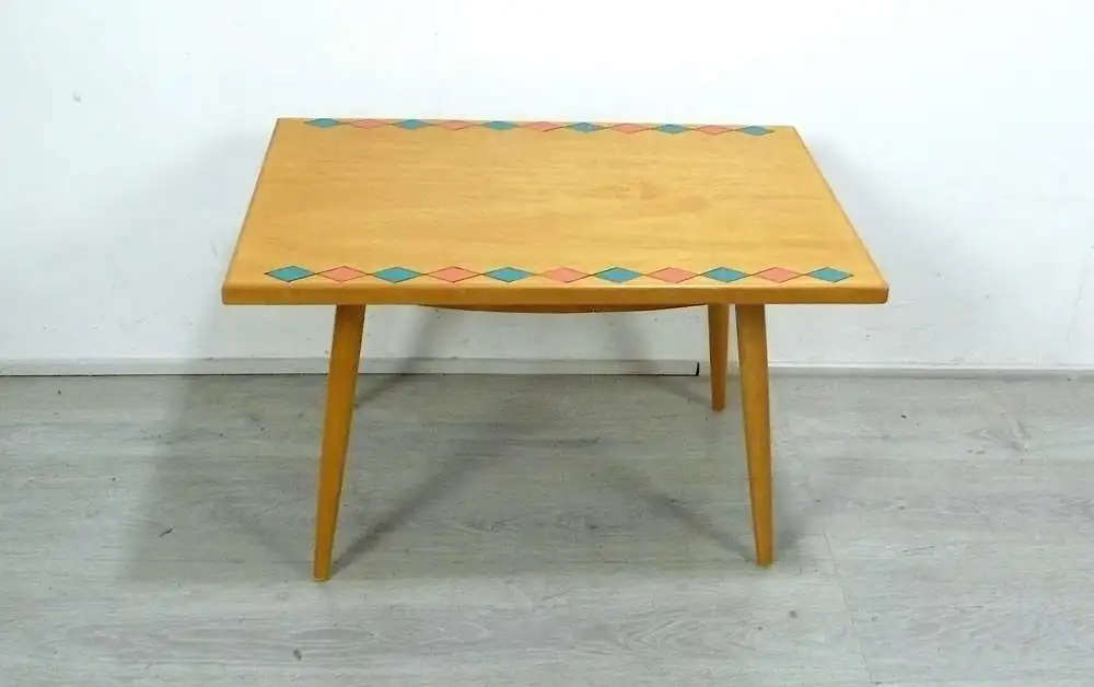 60er Beistelltisch rechteckig Esche Vollholz mit Muster, schräge Beine, Mid Century Rockabilly Ära 2