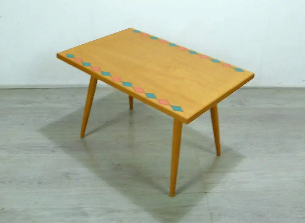 60er Beistelltisch rechteckig Esche Vollholz mit Muster, schräge Beine, Mid Century Rockabilly Ära 3