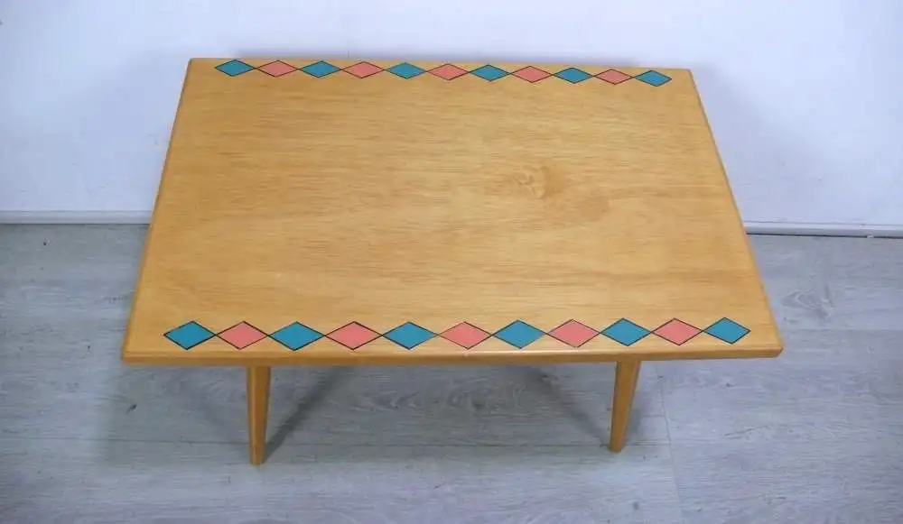 60er Beistelltisch rechteckig Esche Vollholz mit Muster, schräge Beine, Mid Century Rockabilly Ära 4