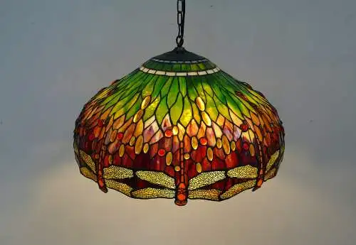 Sehr Große Tiffany Hängelampe, Jugendstil Art, wunderschön in Grün-Braun mit Libellen, Handarbeit