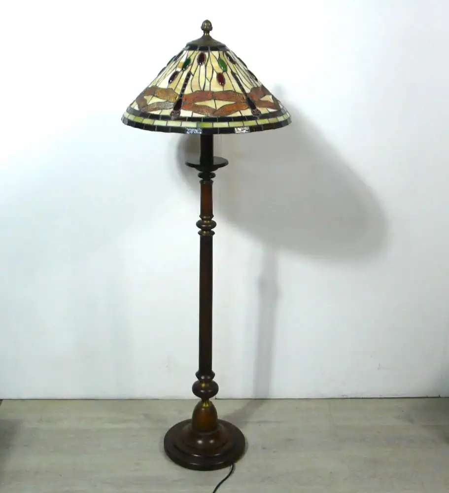 Tiffany Stehlampe, Jugendstil Art, in Beige-Tönen mit roten Libellen, Handarbeit 2