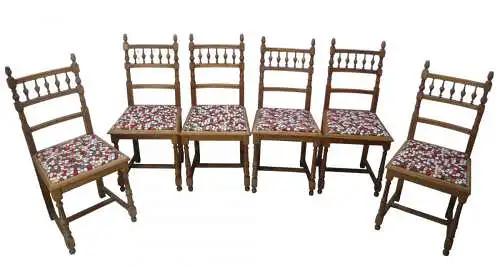 6 antike Esszimmerstühle, Gründerzeit, Eiche Natur + bunter Mosaik Stil Bezug