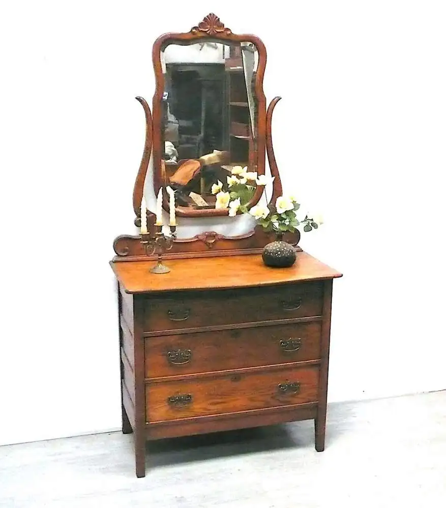 Antike Spiegelkommode 3 Schubladen mit Kippspiegel Amerik. Tiger Eiche natur, um 1900 1