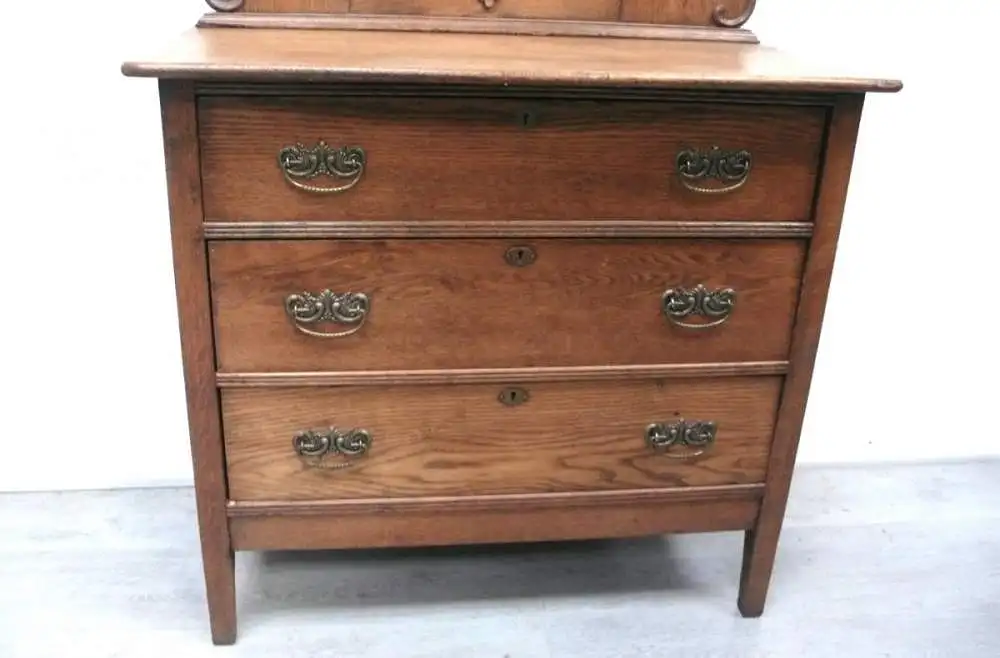 Antike Spiegelkommode 3 Schubladen mit Kippspiegel Amerik. Tiger Eiche natur, um 1900 3