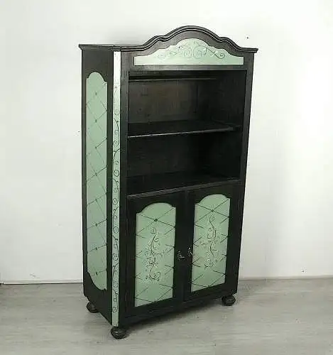 Bücherschrank, Geschirrschrank, um 1850, antik, Nußbaum Dunkel + Hell Salbei-Grün, handbemalt