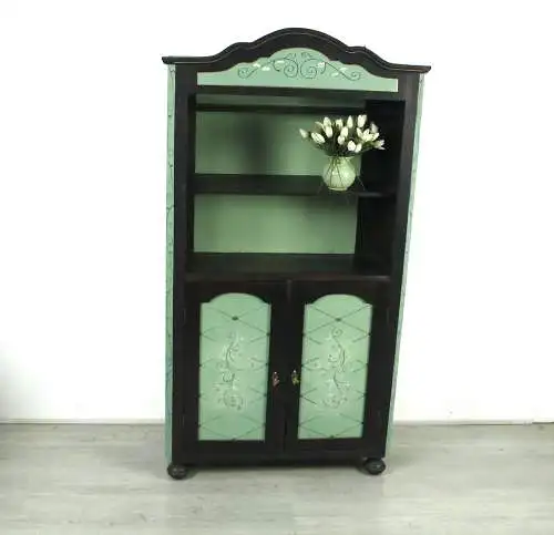 Kleines Buffet, Geschirrschrank, um 1850, antik, Nußbaum Dunkel + Hell Salbei-Grün, handbemalt