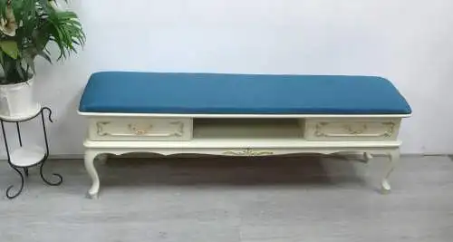 Sitzbank Chippendale Stil lang weiß + Petrol-farbige Polsterung, 2 Schubladen