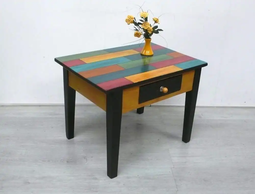 Antiker Couchtisch Beistelltisch mit Schublade im Holzbrett-Stil Shabby Bunt, UNIKAT 0