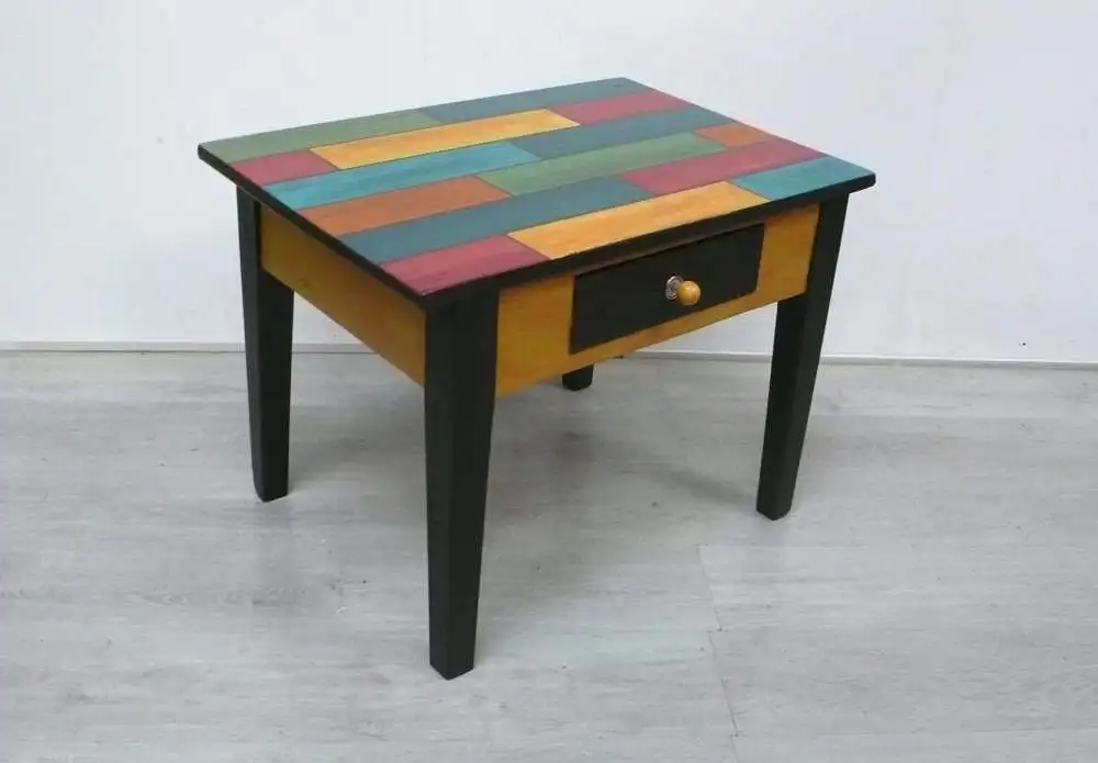 Antiker Couchtisch Beistelltisch mit Schublade im Holzbrett-Stil Shabby Bunt, UNIKAT 1