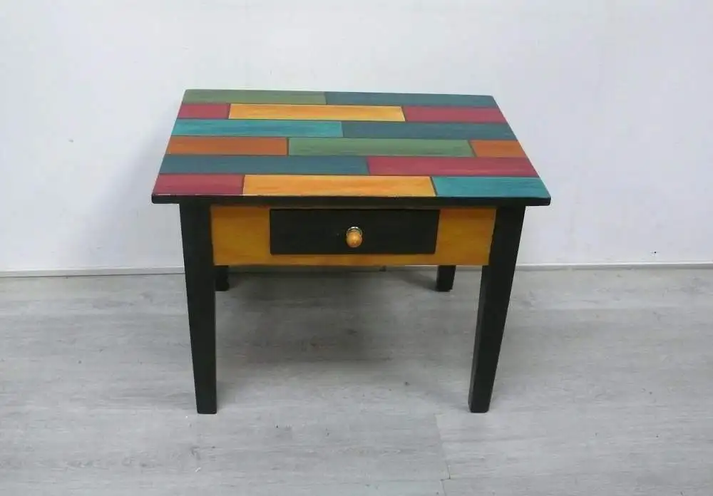 Antiker Couchtisch Beistelltisch mit Schublade im Holzbrett-Stil Shabby Bunt, UNIKAT 2
