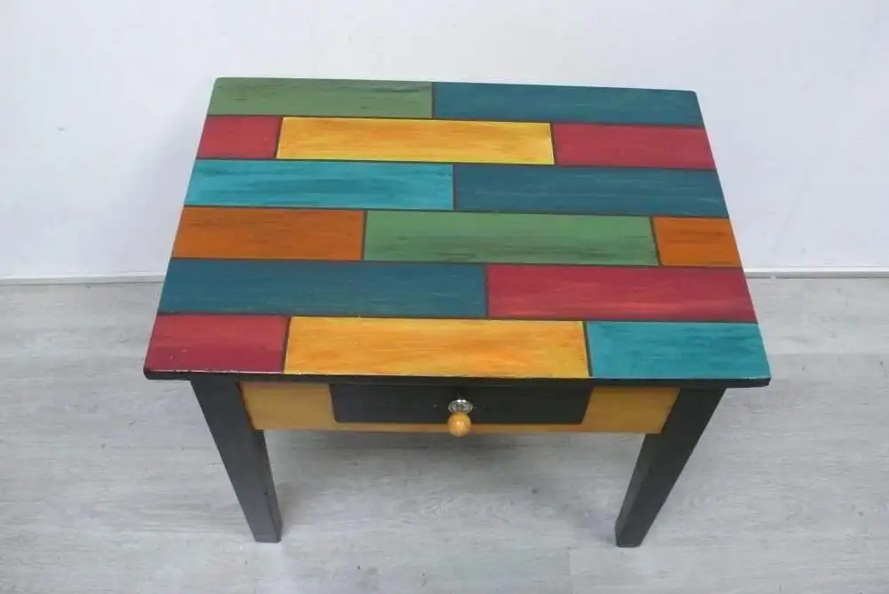 Antiker Couchtisch Beistelltisch mit Schublade im Holzbrett-Stil Shabby Bunt, UNIKAT 3