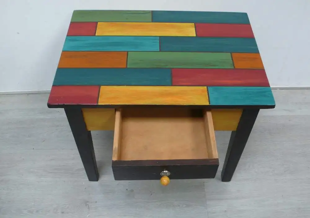 Antiker Couchtisch Beistelltisch mit Schublade im Holzbrett-Stil Shabby Bunt, UNIKAT 4