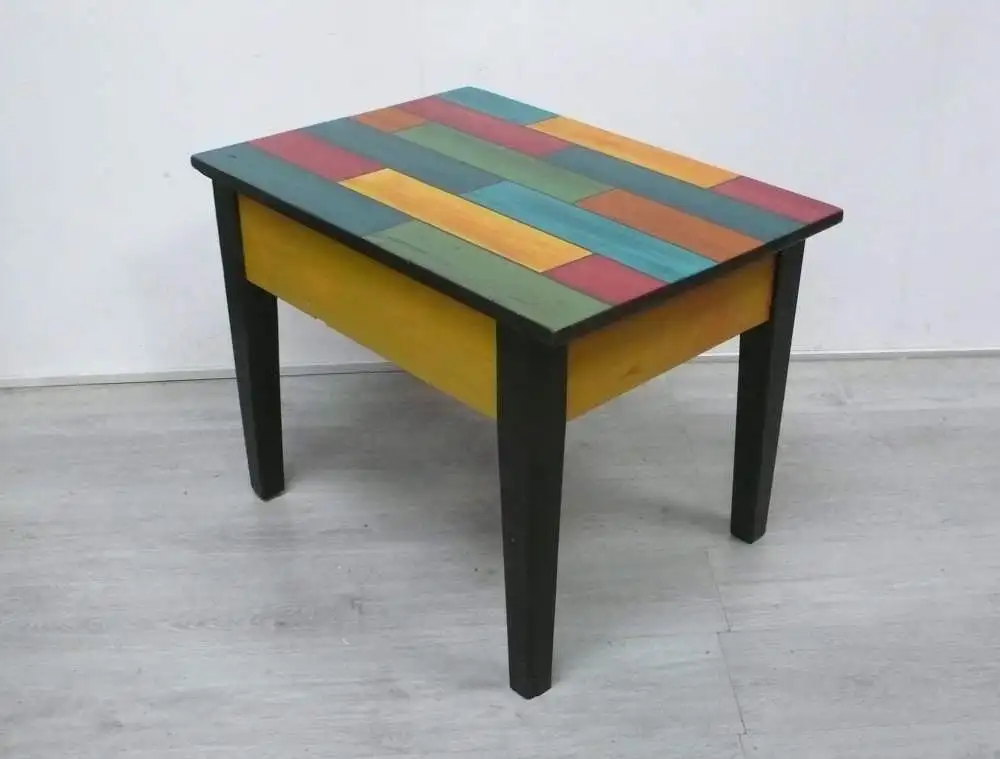 Antiker Couchtisch Beistelltisch mit Schublade im Holzbrett-Stil Shabby Bunt, UNIKAT 5