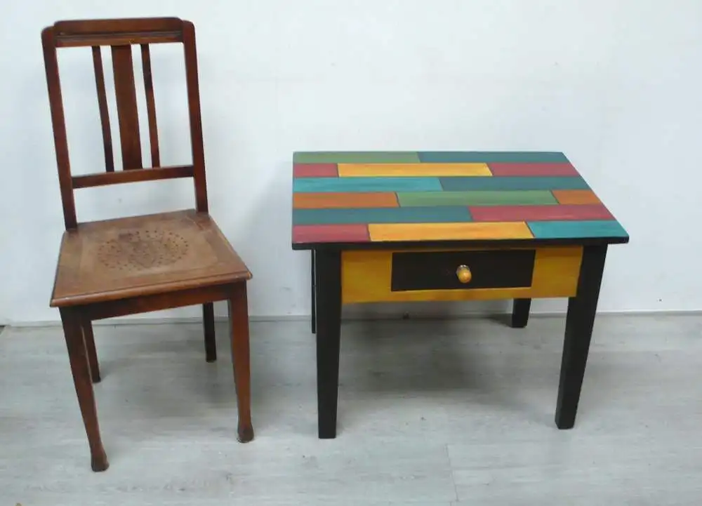 Antiker Couchtisch Beistelltisch mit Schublade im Holzbrett-Stil Shabby Bunt, UNIKAT 6