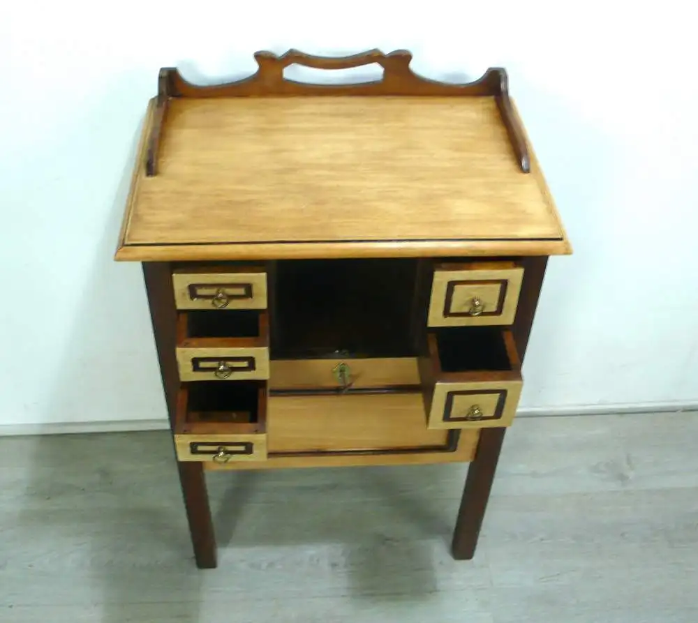 Mini Sekretär Konsolentisch Post-Tischchen, Kassen-Tisch, Jugendstil Eiche hell + dkl um 1900 5