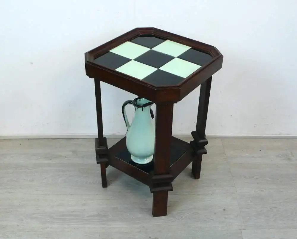 30er Beistelltisch Blumenständer Pflanzentisch Art Déco, Nußbaum dunkel + Fliesen Schwarz-Mint 0