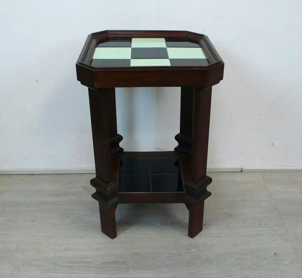 30er Beistelltisch Blumenständer Pflanzentisch Art Déco, Nußbaum dunkel + Fliesen Schwarz-Mint 2
