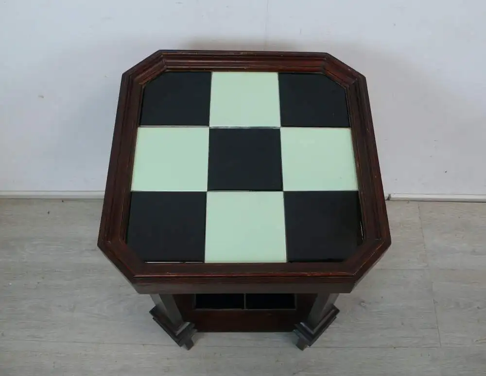 30er Beistelltisch Blumenständer Pflanzentisch Art Déco, Nußbaum dunkel + Fliesen Schwarz-Mint 3