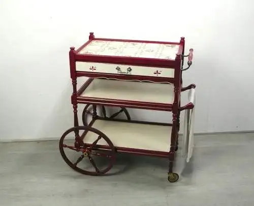 Servierwagen Barwagen Mobile Anrichte Vintage 3 Ebenen in Creme + Rubinrot im Antik Stil