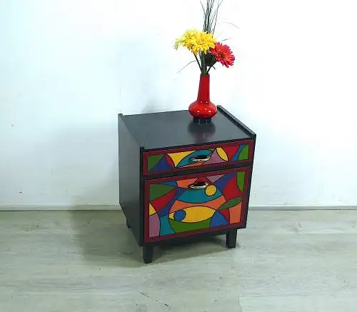 60er kleiner NACHTTISCH BEISTELLTISCH mit Schubl + Klapptüre D'Grau + Abstrakt Bunt